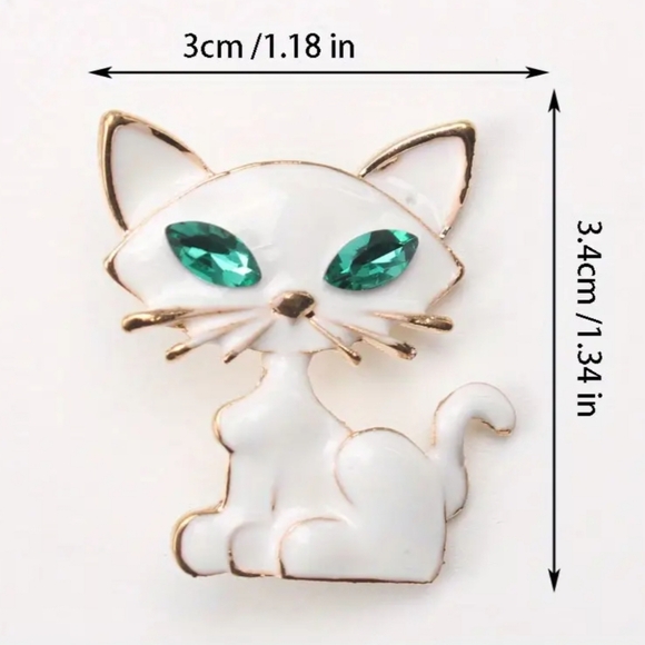 Elegant White Cat Brooch with Green Eyes - Picture 3 of 5